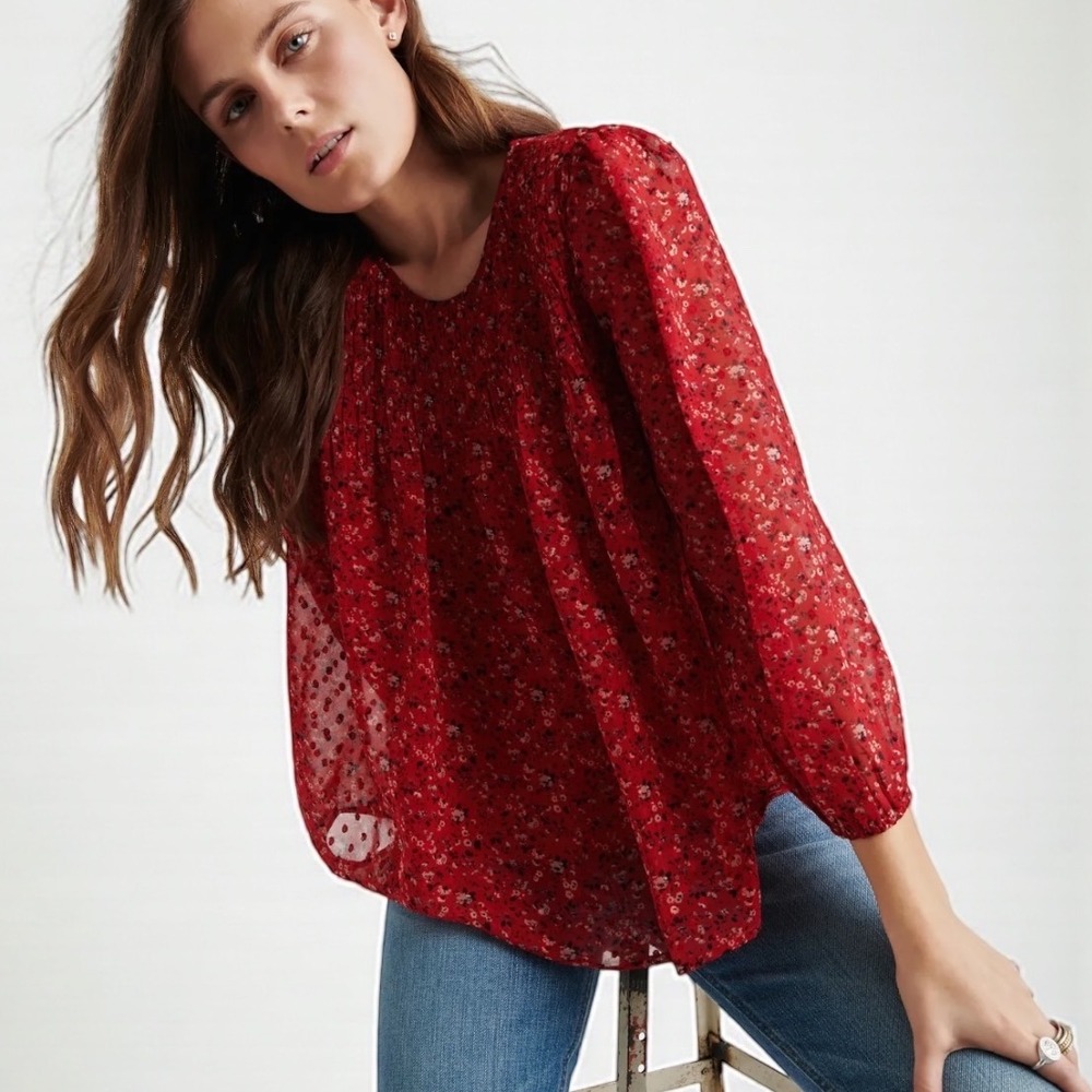 Lucky Brand Floral Blouse‎ Red Long Sleeve Keyhole Back Top - M